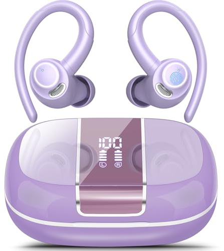 Csasan Sport Wireless Earbuds, Bluetooth 5.3 Headphones with Secure Earhooks & ENC Mic, 48H Playtime Hi-Fi Bass Ear Buds, IPX7 Waterproof Earphones for Running, Gym and Cycling, LED Display, Purple