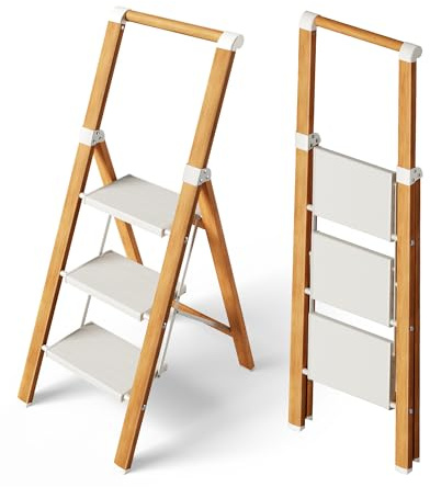 Attestierer Échelle Pliable 3 Marches, Tabouret Escalier Aluminium | Échelle À Main Courante, Charge 150 Kg, Pieds & Marches Antidérapants, Usage Int-Ext, Design Aspect Bois, Blanc