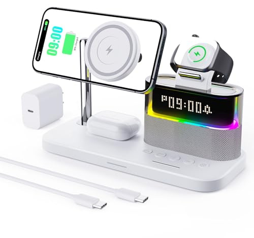 5-in-1-Kabellader mit Wecker, kabellose LadeStation mit Nachttischlampe kompatibel mit iPhone 17 16 15 14 13 12 Pro Max, kompatibel mit Apple Watch und Earbuds, Enthält einen 33W-Adapter Weiß
