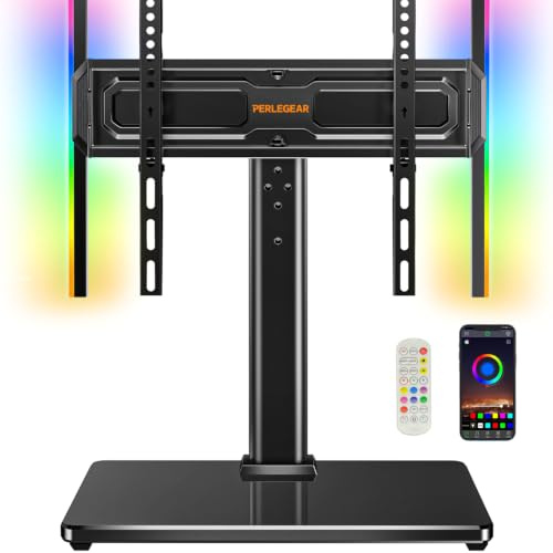 Perlegear support TV sur pied universel avec lumières LED, support TV pour téléviseurs 24–60″ jusqu‘à 45 kg, pied TV réglable en hauteur et pivotant, base en verre trempé, VESA max 400x400 mm,PGTVS49B