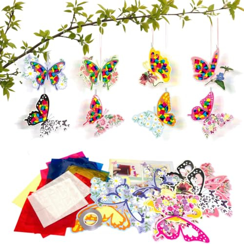Gibocot Craft Kits for Kids Butterfly Suncatcher Window Art Decor, 16PCS | Summer Activities, for Children Ages 5-12, DIY Stained Glass Paper, Girls Gifts, Classroom Holiday Birthday Party Supplies