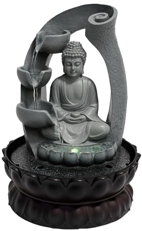 Fuente de escritorio Buda Zen, estatua de Buda con cascada de agua y luz LED, juegos de agua relajante antiestrés, decoración interior silenciosa 21x28cm