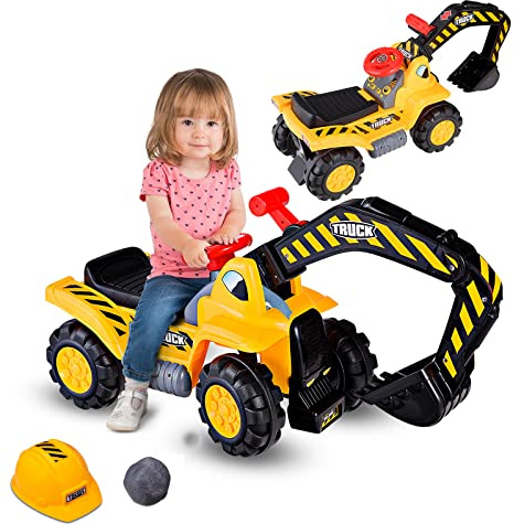 GOPLUS Jouet Bulldozer d’Excavatrice Porteur Electrique avec Casque, Véhicule Jouet d’Imitation pour Enfants Plus de 3 Ans avec Lame Mobile Manuelle, Jaune