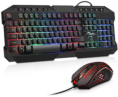 BAKTH Gaming Tastatur und Maus Set, LED Hintergrundbeleuchtung QWERTZ DE Layout, Regenbogen Farben Beleuchtete USB Wasserdicht Tastatur und Maus mit 3600 DPI für Pro PC Gamer