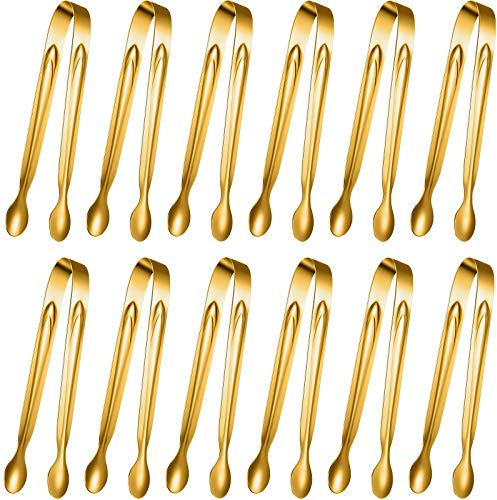 Gejoy 12 Pieces Mini Tongs Stainless Steel Small Sugar Serving Tongs for Charcuterie Board Appetizers Dessert Serving Food Tiny Party Danish Candy(6 Inch,Gold)
