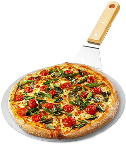 com-four® Pala per pizza in acciaio inox - pala per pizza e torta con manico in legno - spingipizza tondo per pizza, tarte flambée e pane (marrone/argento - rotondo)