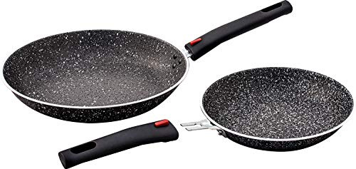 BERGER Stone Rock Aluminium Pfannenset 4- teilig, Bratpfanne 20 cm + 26 cm | Antihaft-Pfanne mit abnehmbaren Griffen – Leicht im Gewicht