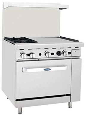 Atosa CookRite AGR-2B24GR-NG 36 Combination Gas Range with 24 Right-Sided Griddle Top, 2 Burners and Full-Sized Oven for Diner | 36W x 31D x 57 3/8H, Stainless Steel, 136,00 BTU, Natural Gas
