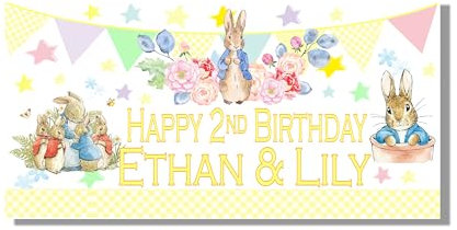 Personalised Peter Rabbit Birthday Decorations Party Banner with Photo for Boys or Girls Unisex Kids Twins Large 4ftx2ft Any Names and Age First 1st 2nd 3rd 4th 5th Poster Backdrop Welcome Sign