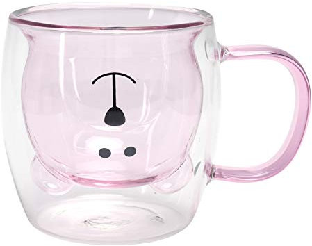 Taza de agua de vidrio, tazas transparentes para beber de 250 ml con asa, lindo vaso de vidrio con forma de oso para café con leche, chocolate, moca, capuchino(Rosa)