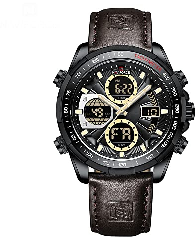 Naviforce Orologi digitali militari da uomo Orologio analogico al quarzo impermeabile Orologio sportivo multifunzionale in pelle