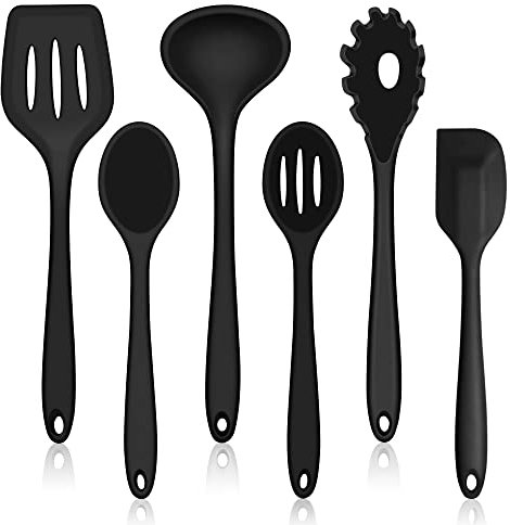 HaWare - Set di 6 utensili da cucina, in silicone, antiaderenti, set di posate da cucina, resistenti al calore, per cucinare e cuocere, facile da pulire, colore nero