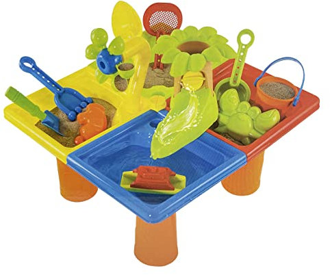 HTUK Table à sable et à eau pour enfants - Jeu de jardin et bac à sable - Équipement de jeu en plein air - Roue à eau, formes de sable, bateaux en plastique et plus (ensemble de 25 pièces)