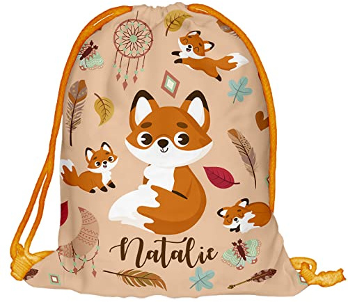 Turnbeutel personalisiert mit Namen für Kinder Orange Fuchs Einschulung 2026 Sportbeutel Schuhbeutel mit Kordelzug Wechselkleidung Sack mit Namensdruck Bedruckt Kita Kindergarten Grundschule [010]