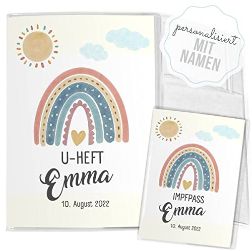 Mikalino Hülle für U-Heft und Impfpass personalisiert Bunter Regenbogen mit gelbem Herz SET Impfpasshülle & Schutzhülle, Grösse:U-Heft Set 3-teilig personalisiert, Farbe:7036_Regenbogen
