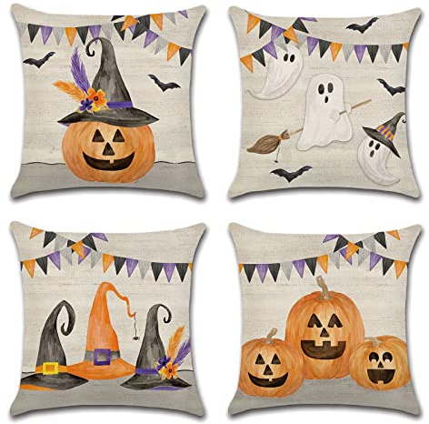 OCEUMACO Leinen Kissenbezug 45x45 Herbst Halloween Muster Kissenhülle 4er Set Quadratisch Dekokissen Sofakissen Bezug für Couch Orange Kürbis Kinder Kissen Kissenbezüge Deko Zierkissen Couchkissen