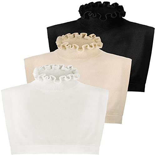 3 Pcs Detachable Collars for Women Ruffled Fake Turtleneck Dickey Collar Winter Mock Blouse Turtle Neck Fake Collar, White, Black, Khaki, One Size
