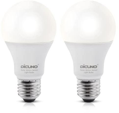 DiCUNO E27 LED Lampe mit Radar-Bewegungsmelder 12W, Kaltweiß, 2er Pack | E27 LED Lichtsensor ersetzt 100W, 1100lm, 5000K, 360° Erfassungswinkel, HF-Sensorlampe, Automatisches ein/aus, für Haustür