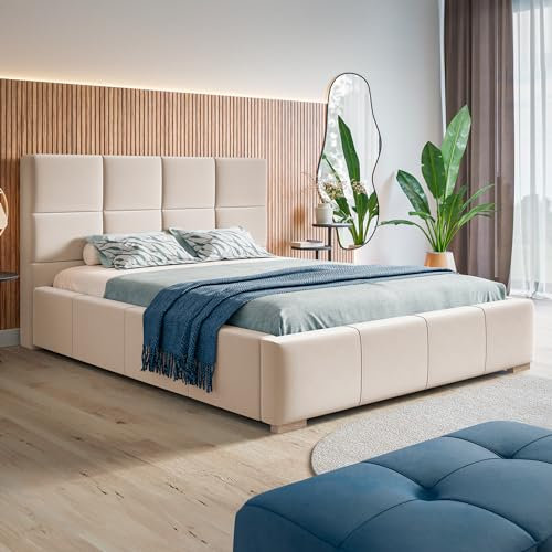 MOTIVENA Luna Bett 160x200 Beige Samt, mit Stauraum, mit Kopfteil, mit Lattenrost, mit Füßen, ohne Matratze, Polsterbett 160x200 mit Bettkasten Beige (Creme)