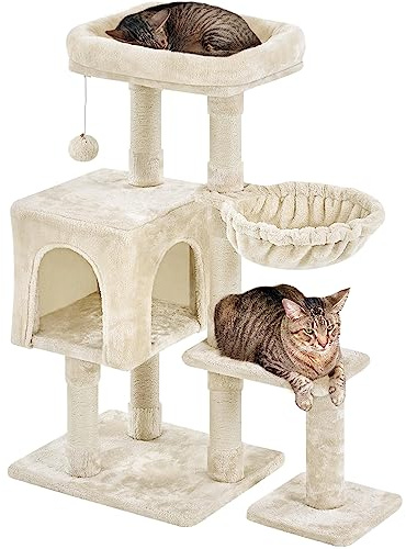 Yaheetech 96 cm Cat Tree with 6 Scratching Posts, Beige | Cat Tower for Indoor Cats, Multi-Level, Large Perch, Cozy Condo, Basket, Dual Base (48.5 x 39.5cm, 24 x 24cm)