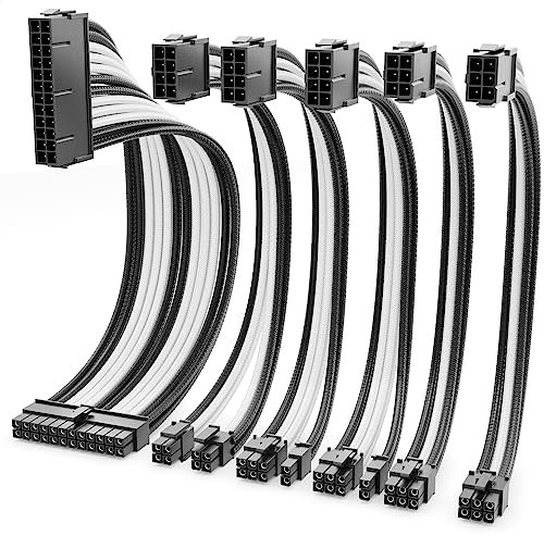 deleyCON Adaptador de Corriente Cable Extensión Set 6 Piezas 30 cm - Tarjeta Gráfica PC Ordenador Placa Base ATX 24 Pines EPS 4+4 Pines PCI Express 6+2 Pines y 6 Pines Macho a Hembra Negro Blanco