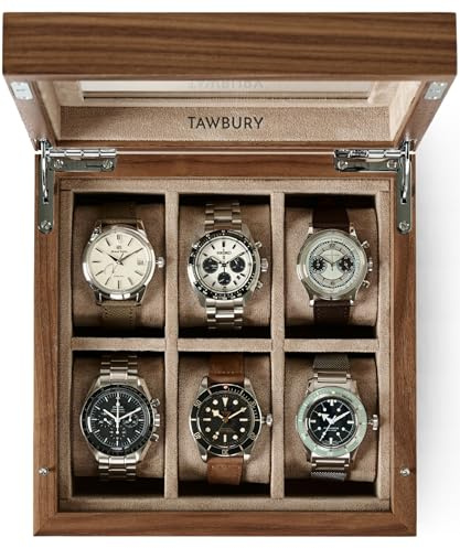 TAWBURY Custodia per orologi in legno, con 6 scomparti, per uomini e donne, con display in vetro, interno protettivo completamente foderato e cuscini larghi 5 cm per orologi piccoli e grandi (noce