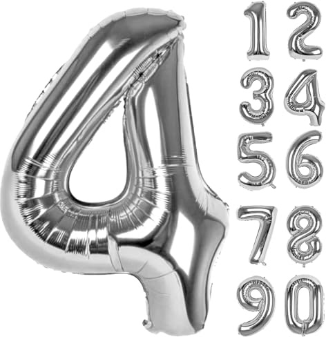 LAPONO Zahlen Luftballon 4 Silber, Folienballon Zahl 82 × 55 cm, Helium Geeignet mit Aufblashalm, Selbstschließendes Ventil, Geburtstag Deko Party Foto für 4 14 40 Jahre, Jubiläum Tischdeko