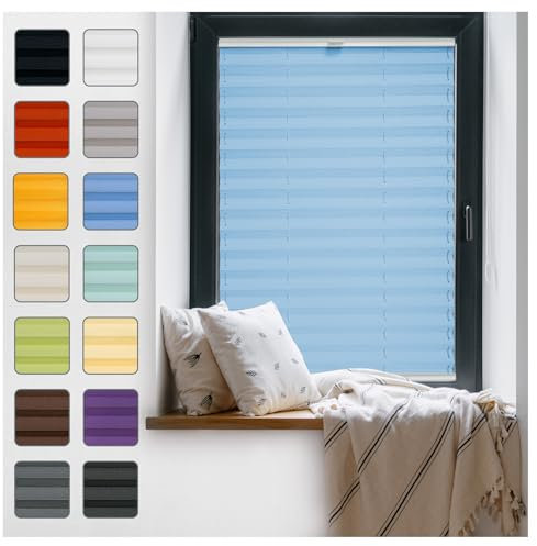 Fenster Plissee ohne Bohren zum Kleben Innenrahmen - Thermo Plisseerollo Innen - Rollo Jalousie, Halterungen auf Rahmen, Faltrollo, Sichtschutz, Blickdicht, für Fenster & Tür - Lichtblau, 75 x 100 cm