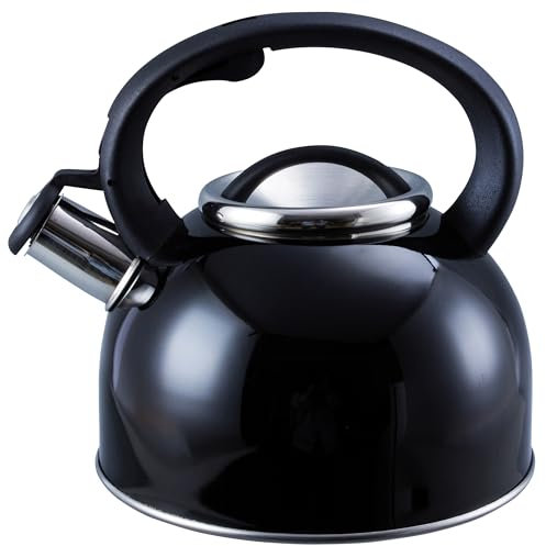 Liberty Leisure - Hervidor silbante negro de 2,5 L, hervidor de acero inoxidable para estufa de gas, hervidor portátil para viajes, senderismo, caravana, autocaravana y artículos esenciales de camping
