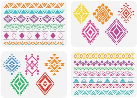 FINGERINSPIRE 4 Stück Geometrische Stammes Malschablone 21x29.7 cm Boho Azteken Design Schablone Böhmisches Thema Blumenmuster Vorlage Zum Malen Auf Holz Boden Wand Fliesen Leinwand Stoff Möbeln