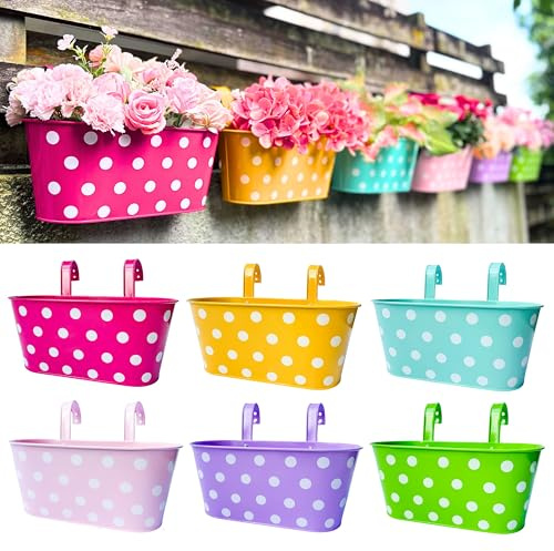 LaLaGreen Hanging Rail Planter (11.8 in, 6 Pack) Polka Dot Metal Fence Pots | Patio rail planters polka dot balcony deck fence porch outdoor plants, iron hanging buckets herb garden pots, macetas