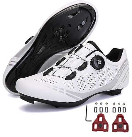 Treer Zapatillas de Ciclismo, Zapatillas Ciclismo Carretera Respirables Zapatos Bicicleta Montaña Hombre Unisex Zapatillas Montaña Calzado Bicicleta con Cleats Blanco 44 EU