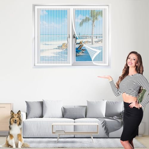 Premium Slim Fliegengitter 80 x 210 cm Ohne Bohren Magnetischer Fliegenvorhang Klebmontage Ohne Bohren für Fliegengitter Fenster Mückengitter, Weiß