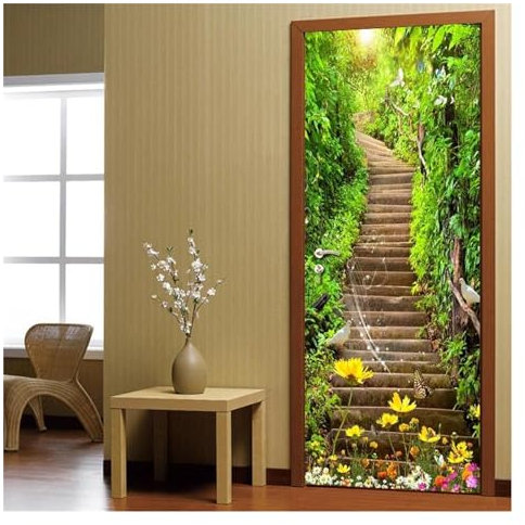 Türaufkleber Türtapete Türbilder Türposter 3D-Türwandaufkleber, Tapete, Grüner Wald, Leiter, Schlafzimmer, Restaurant, PVC, Selbstklebendes, Wasserdichtes Türwandpapier(95x215cm)