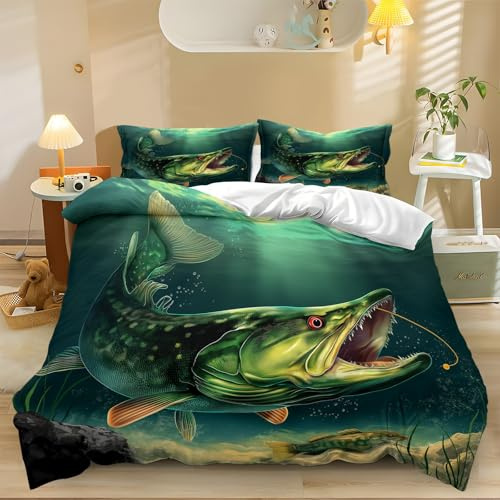 Bettwäsche Set 135 cm x 200 cm Tier Hecht Bunt, Weiche Atmungsaktive Bettbezüge mit Reißverschluss und 2 Kissenbezüge, Drucken Muster Bettwäsche Sets Für Zimmer Deko