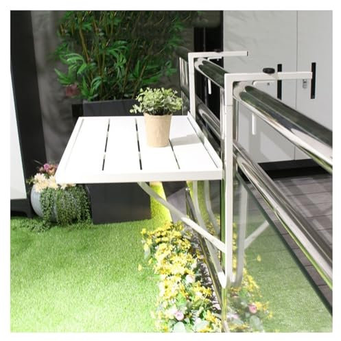 Balkongeländertisch, Balkontisch zum Aufhängen des Geländers, klappbarer Balkon-Stehtisch für den Außenbereich für Geländer, mit 4-stufig Einstellbarer Höhe, für Terrassen, Gärten (weiß)