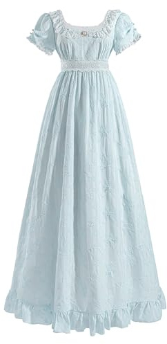 LTAKK Regency-Kleid für Damen, Regency-Kostüm, Empire-Taille, Teeparty, viktorianisches Kleid mit Perlenbrosche, Blau, X-Groß