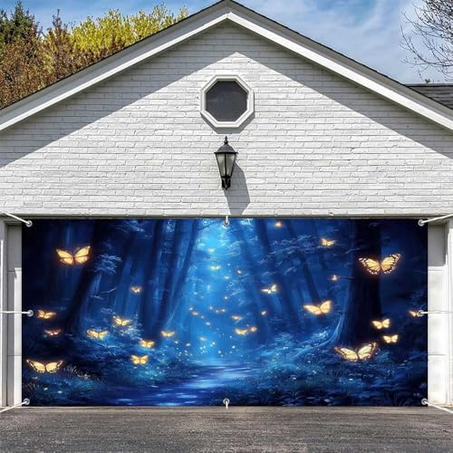Fairy Forest Bannière décorative pour porte de garage, dorée, papillon, fleur, forêt enchantée, fantastique, pays des merveilles, toile de fond pour porte de garage, 4,9 x 2,1 m