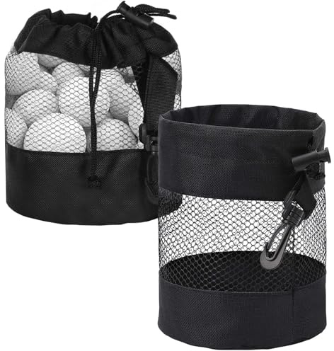 Grevosea Lot de 2 sacs en maille de nylon avec cordon de serrage pour balles de golf, accessoires de golf (noir)