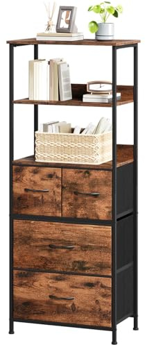 Somdot Bücherregal Standregal Aufbewahrungsregal für Arbeitszimmer Homeoffice, Büroregal Bücherschrank Präsentationsregale, 5 Ebenen 4 Stoffschubladen, Holzmaserung, 30T x 51,5B x 128,5H cm