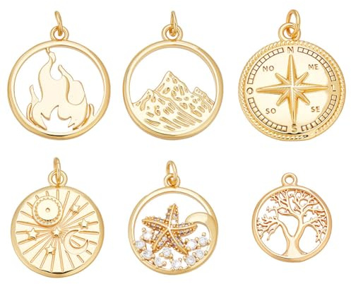 arricraft 12 pz Veri Ciondoli Rotondi Placcati In Oro 18K, 6 stili Ottone Fuoco Alpi Montagna Stella Marina Albero Della Vita Bussola Sole Ciondoli per Gioielli Fai Da Te Collana Creazione