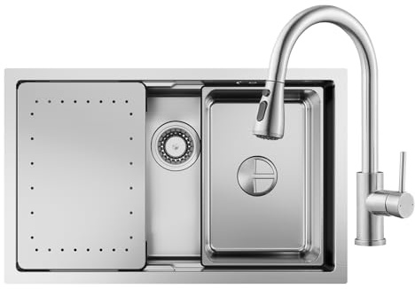 CECIPA Lavello da cucina, da 70 x 45 cm, con rubinetto estraibile, in acciaio inox, incl. sifone, lavello interno di ricambio e tagliere