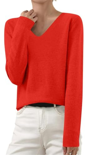 Générique Pull Col Rond Femme Pull Col V Femme Hiver Chaud Cachemire Sweater Chic et Elegant Léger Fin Tricoté Sweater Manches Longues Couleur Unie Pullover pour Convient À La Superposition Rouge,XL