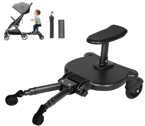 Planche Poussette Universelle, Skate Poussette Universelle avec Siège, Marche Pied Poussette avec Sac de Rangement, Sangle de Suspension, pour bébé pour, Enfants de 2 à 6 Ans, Charge 25KG Noir