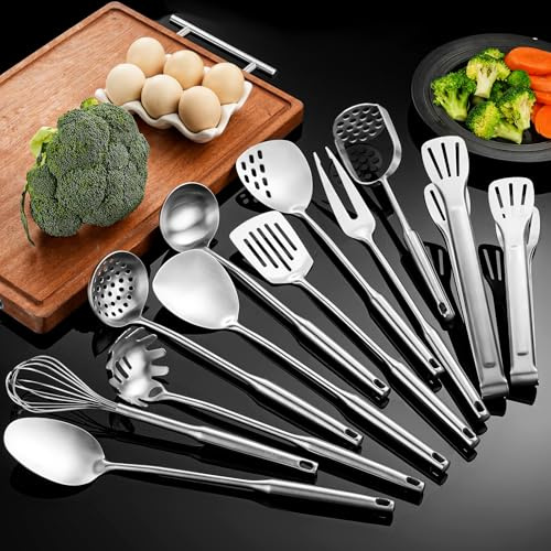 NIITAWH Stainless Steel Kitchen Utensils 12 Pcs, Small Cooking Utensils Set,Spatulas,Ladle,Skimmer,Tunners,Serving Spoon,Spaghetti Spoon,Fork,Potato Masher,Egg Whisk,Tongs,Dishwasher Safe
