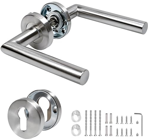 FALSKT Türgriff Edelstahl Türklinke Türdrückergarnitur Türgriffe Innentüren | Zimmertürknopf Rundrosette Ergonomische Handkurbel für Schlafzimmer, Küchen und Balkone (Silber)