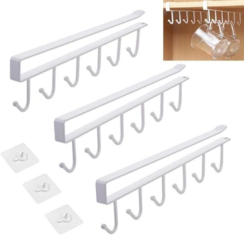 Eulihent 3 Stück Tassenhalter Schrank Tassen Aufhängung Ohne Bohren, Tassenhalter Regal Schrankeinsatz Weingläser Hakenhalter für Tassen, Becher, Weingläser(Weiß)