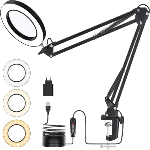 15X Lupenlampe mit Klemme – LED Schreibtischlampe mit 72 LEDs, 3 Lichtmodi & 10 Helligkeitsstufen, Echtglaslinse 4,3, Extra Langer Schwenkarm, Lupenleuchte für Basteln, Lesen & Elektronik