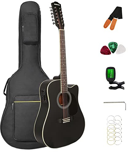Janerock - Guitarra eléctrica acústica de 12 cuerdas, 12 cuerdas, guitarra recortada, paquete con bolsa de concierto, afinador, cuerdas, correa, púas