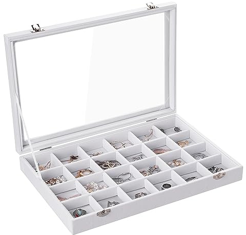 Frebeauty Bandeja de joyas 24 casillas caja de almacenamiento de joyas de terciopelo, caja de exhibición de collar de pulsera femenina con cajón de joyas con tapa transparente (24 casillas blancas)